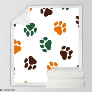 Green Brown Orange Dog Paw Prints Sherpa Fleece Blanket