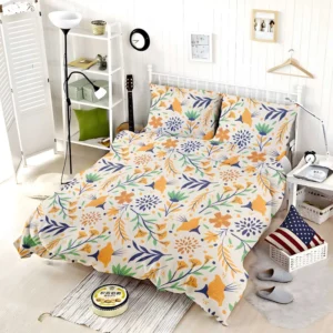 Hand Drawn Pattern with Orange Little Flowers Bedding Set
