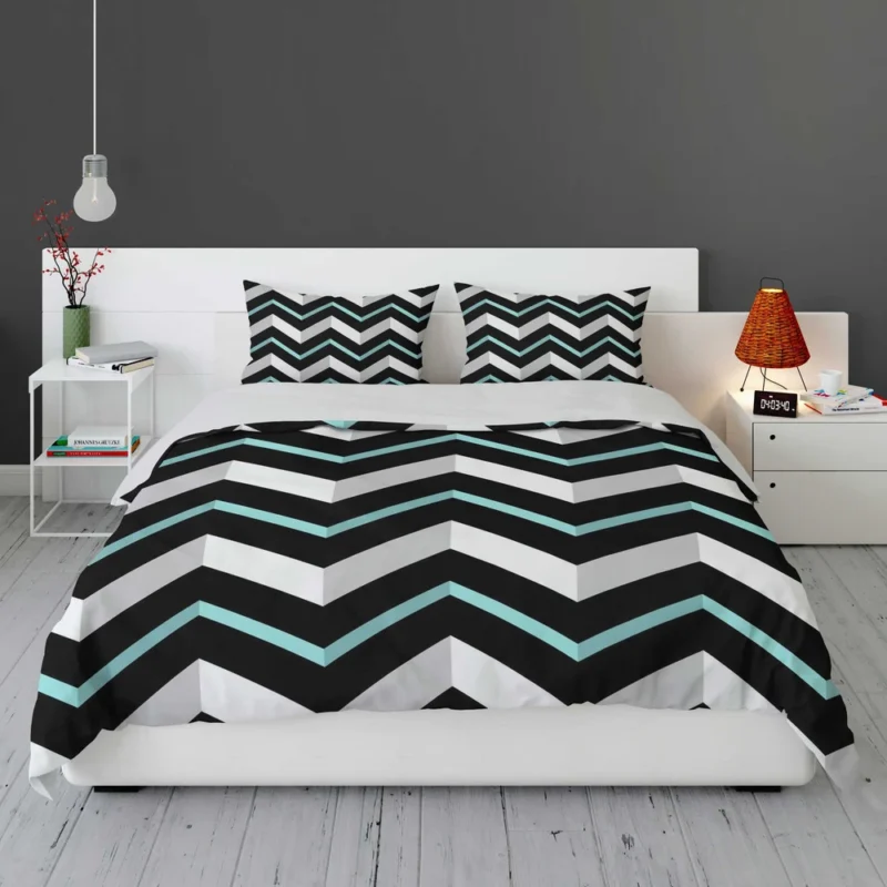 Modern White And Black Blue Chevron Bedding Set 1