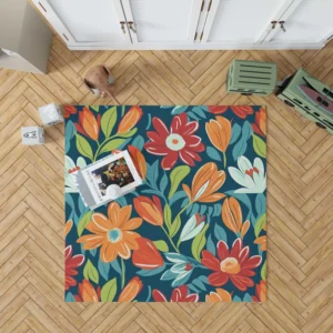 Red Orange White Flowers Rug