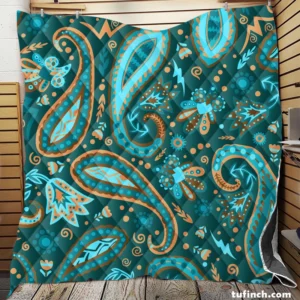 Robin Egg Blue Paisley Floral On Deep Teal Quilt Blanket