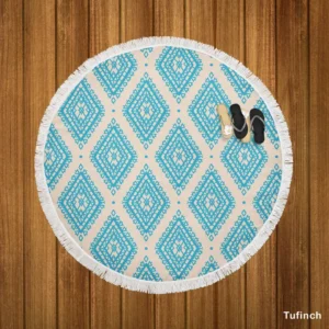Tribal Ikat Blue Rhombus Design Round Beach Towel