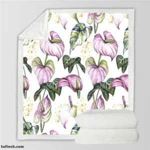 Watercolor Tropical Flowers Pattern in Lilac Purple Sherpa Fleece Blanket