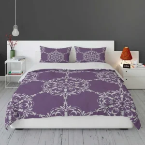 Abstract Silver Floral Damask On Purple Bedding Set 1
