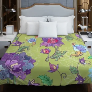 Asian Floral Purple Lotus Pattern Duvet Cover