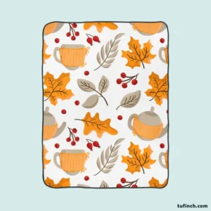 Autumn Season Teapot Berry Maple Leaves Fleece Blanket 1