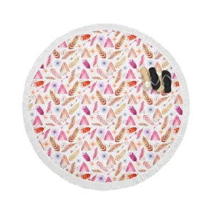 Beautiful Watercolor Boho Pattern with Leaves Round Beach Towel