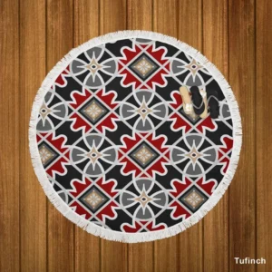 Black Red Moroccan Pattern Round Beach Towel