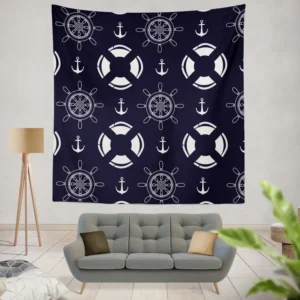 Black Rock Background Lifebuoy Anchor Wheel Wall Tapestry