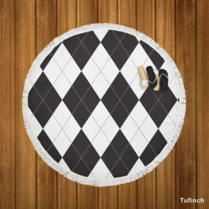 Black White Argyle Pattern Round Beach Towel