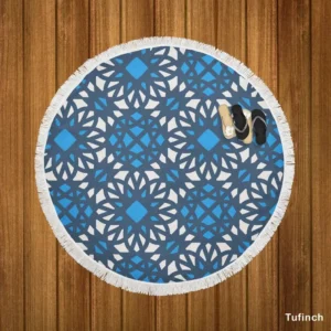 Blue Ethnic Artwork On White Round Beach Towel