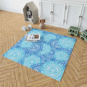 Blue Ice Blue Mandala Circle Pattern Rug 1