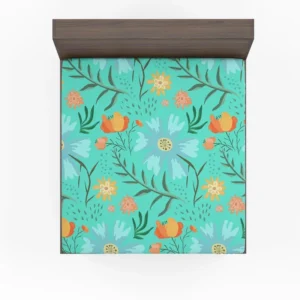 Blue Orange Botanical Flowers Fitted Sheet