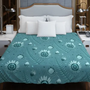 Cadet Blue Monochromatic Floral Pattern Duvet Cover