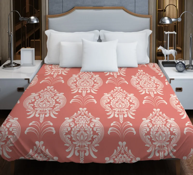 Classical Damask Pattern Element on Australian Coral Duvet Cover