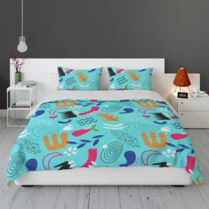Doodle Pattern on Turquoise Blue Background Bedding Set 1