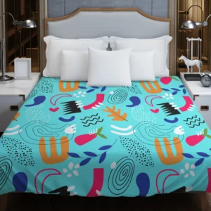 Doodle Pattern on Turquoise Blue Background Duvet Cover