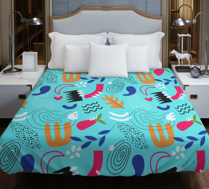 Doodle Pattern on Turquoise Blue Background Duvet Cover