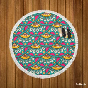 Ethnic Doodle Design In Retro Colors Round Beach Towel