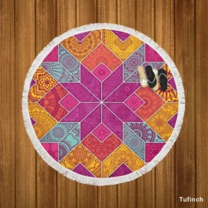 Ethnic Floral Mosaic Pattern Round Beach Towel