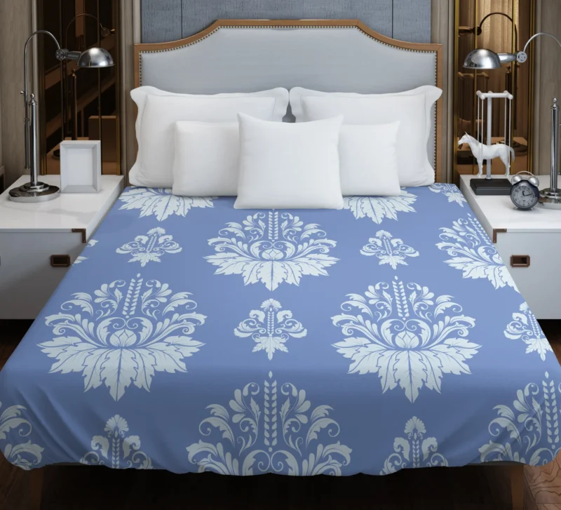 Flowered Damask Pattern on Cornflower Blue Duvet Cover