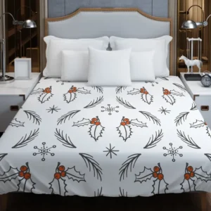 Hand Drawn Holly berry Ogee Pattern Snowflakes Duvet Cover