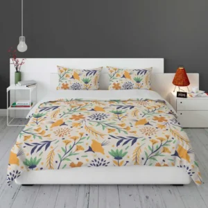 Hand Drawn Pattern with Orange Little Flowers Bedding Set 1