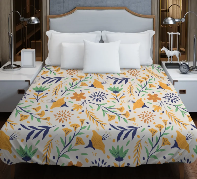 Hand Drawn Pattern with Orange Little Flowers Duvet Cover