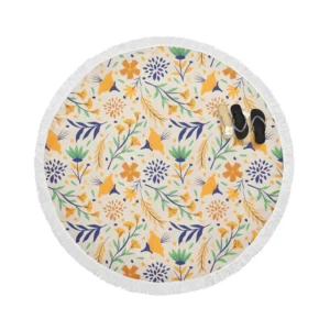 Hand Drawn Pattern with Orange Little Flowers Round Beach Towel