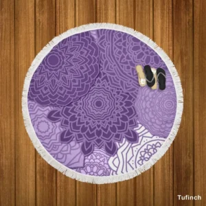 Indian Purple White Floral Mandala Pattern Round Beach Towel