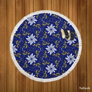 Moon Star Floral Pattern On Blue Background Round Beach Towel