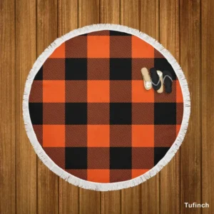 Orange Black Buffalo Plaid Pattern Round Beach Towel