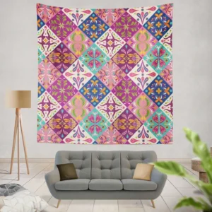 Pink Blue Purple White Mexican Talavera Wall Tapestry