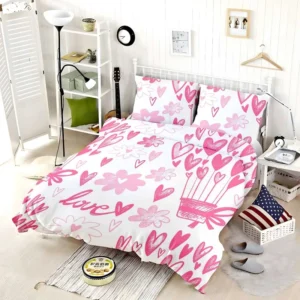 Pink Heart Balloons Love Text Bedding Set