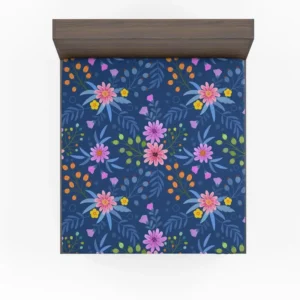 Pink Purple Hand Drawn Flowers On Blue Fitted Sheet