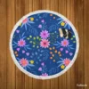 Pink Purple Hand Drawn Flowers On Blue Round Beach Towel