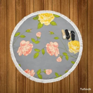 Pink Yellow Roses Vintage Pattern Round Beach Towel