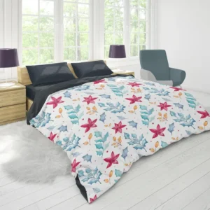 Poinsettia Flowers Holly berry Leaves Duvet Cover 1