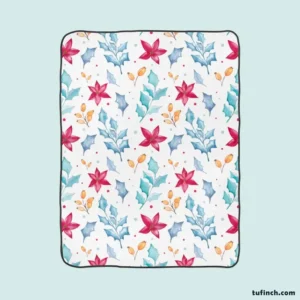 Poinsettia Flowers Holly berry Leaves Fleece Blanket 1