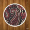 Red Off White Paisley On Black Background Round Beach Towel