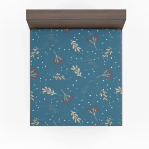 Red Viburnum Winter Leaves Pattern In Blue Fitted Sheet