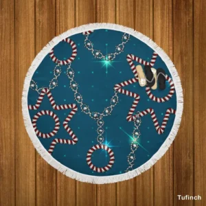 Retro Sketch Golden Chain Design Round Beach Towel