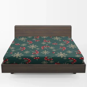Snowflakes Red Viburnum On Green Fitted Sheet 1