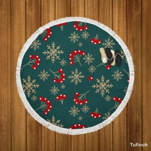 Snowflakes Red Viburnum On Green Round Beach Towel