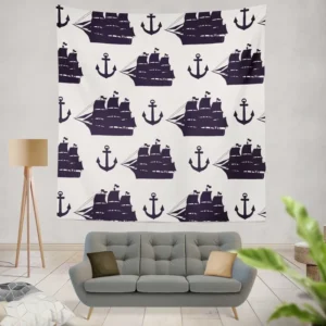 Tall Ship Silhouette Marine Anchor Wall Tapestry