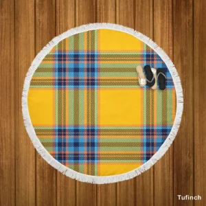 Tartan Plaid Pattern Yellow Blue Stripe Round Beach Towel