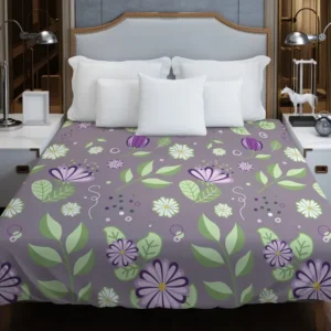 Vibrant Purple And Green Flowers Duvet Cover