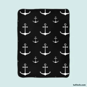 White Marine Anchor On Black Fleece Blanket 1