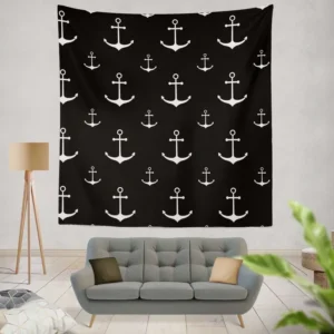 White Marine Anchor On Black Wall Tapestry
