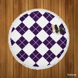 White Midnight Blue Diagonal Square Pattern Round Beach Towel